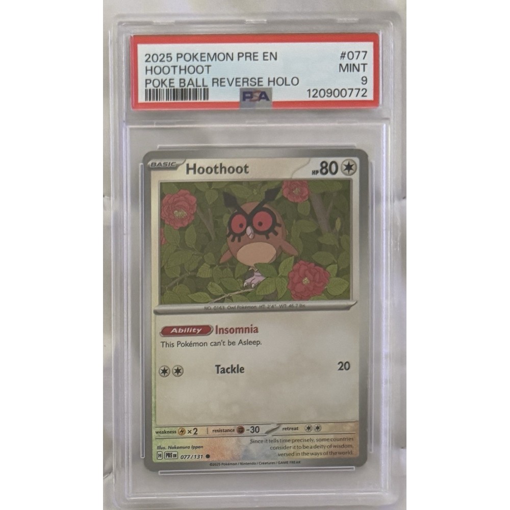 2025 Pokemon PRE Hoothoot Poke Ball Reverse Holo 077 PSA 9